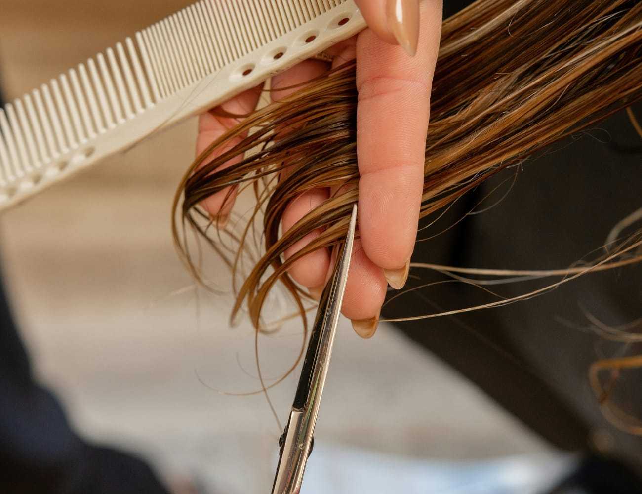 Close-up of hands cutting wet brown hair with scissors and a comb.